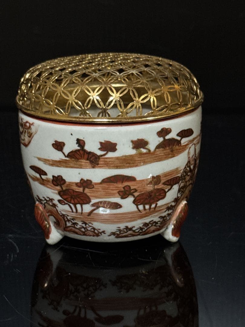 時代 湖東焼 金蘭赤絵 十六人坊主図 香炉