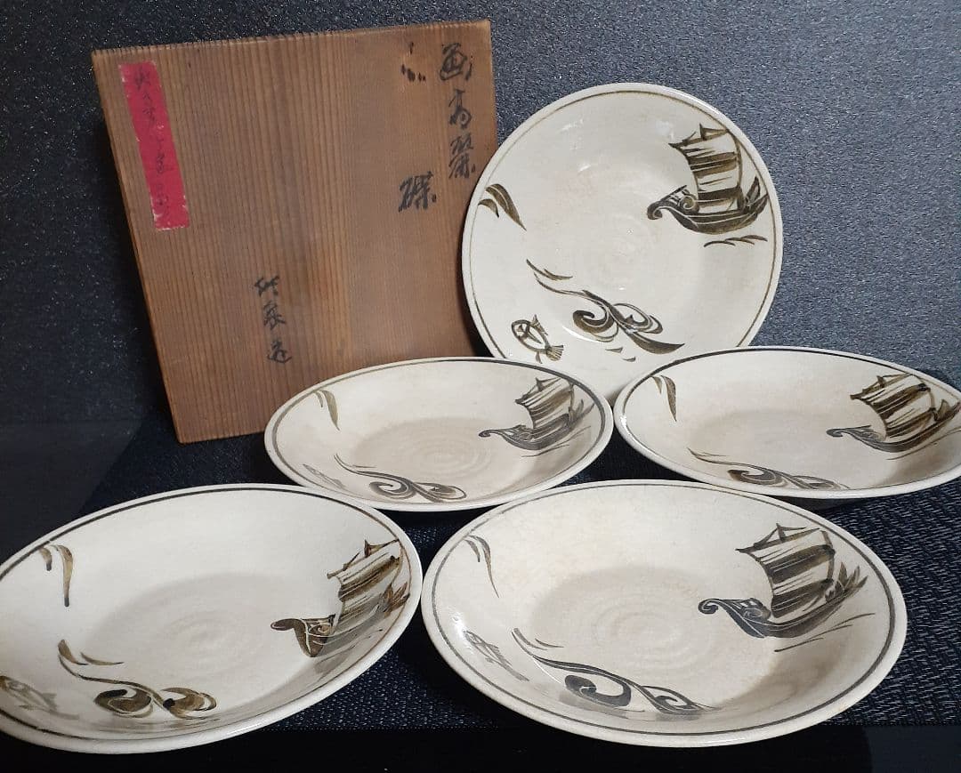 【真作保証❗️】【三代三浦竹泉】造　画　高麗　帆掛け舟に魚の図　皿　菓子皿　5客