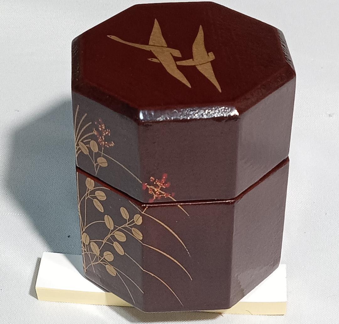 茶道具　宗観好一閑張八角茶器　道場宗廣作　二季鳥に秋草蒔絵八角茶器　超美品！！