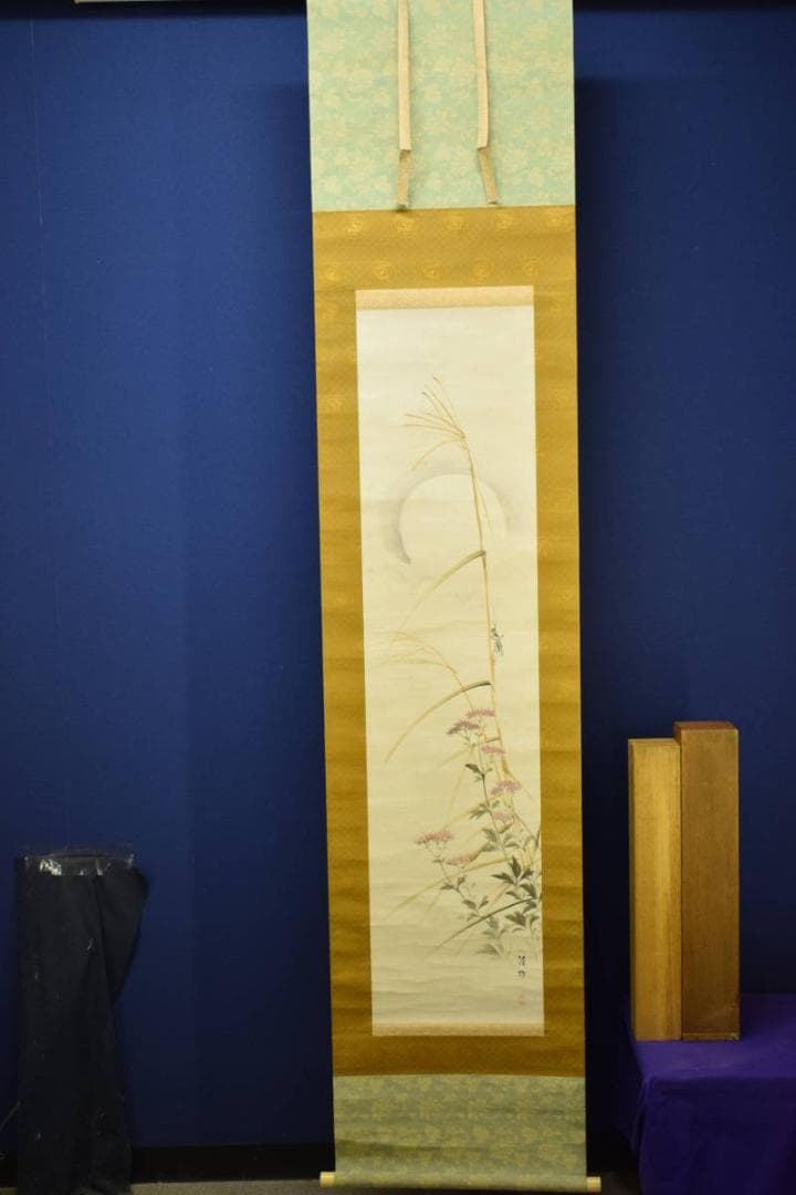 模写/横山清暉/月下秋草図/絹表装/桐共箱二重箱付/布袋屋掛軸HE-246
