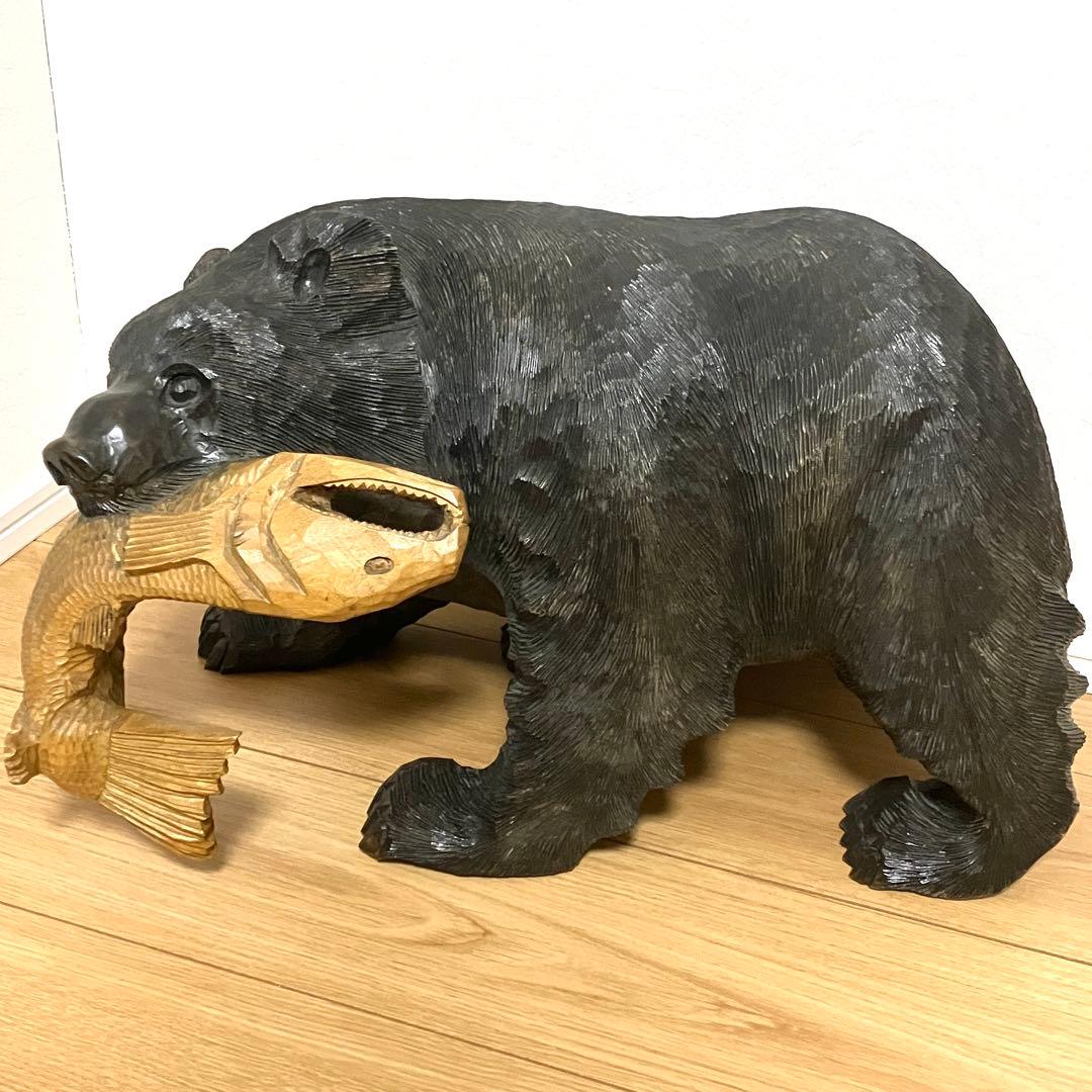 希少！アイヌ　昭和中期　北海道　木彫り　熊　置物　鮭