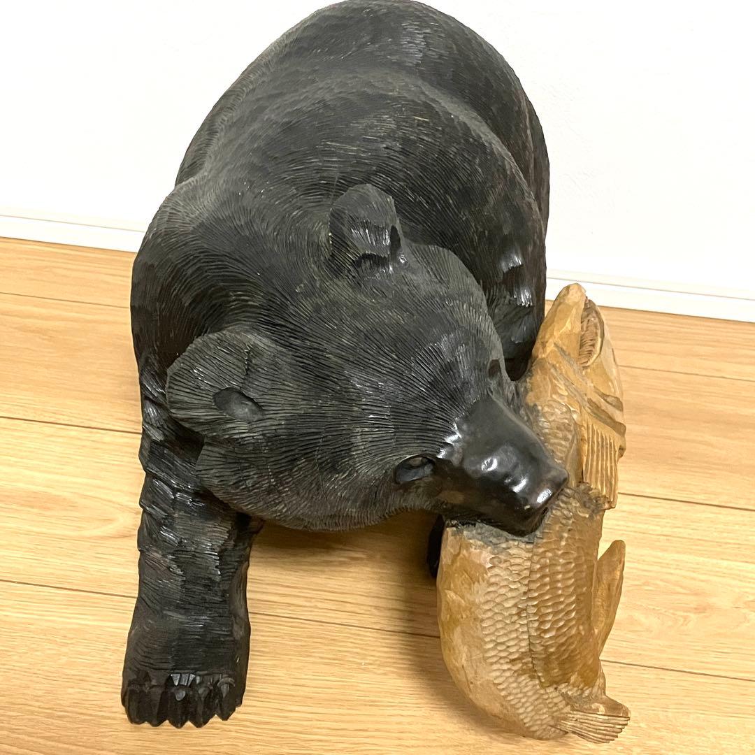 希少！アイヌ　昭和中期　北海道　木彫り　熊　置物　鮭