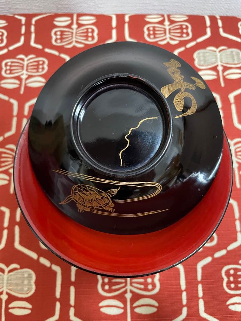 木製漆器　亀　寿　黒漆塗　内側　 朱漆塗　吸い物椀　椀　向付　8客揃い