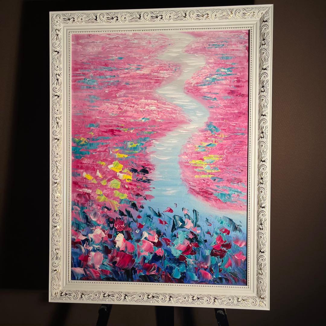 ★秀作★手描き油絵 朱に染まる睡蓮 額付 肉筆絵画 インテリア 油彩画