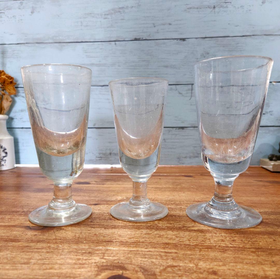 フランス アンティーク 厚手の吹き硝子 アブサングラス 3脚セット