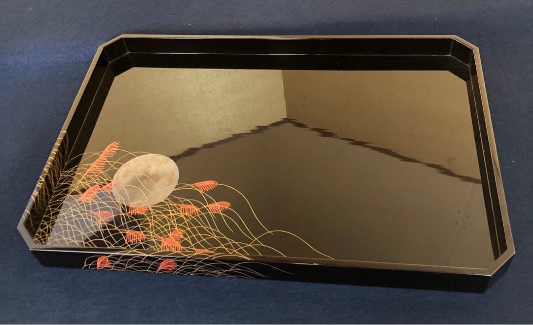 《レ》黒塗 月ススキ蒔絵 硯蓋 春正 木製漆器 共箱 251125え6