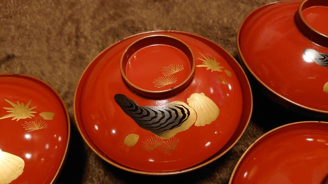 輪島塗　漆器　金蒔絵　蒔絵　蓋椀　蛤の図　人間国宝　５客