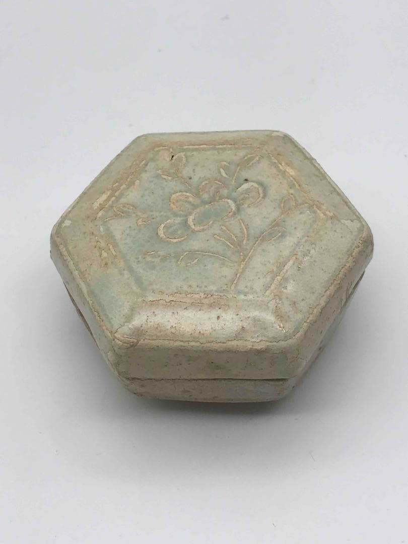 北宋時代　青白磁貼花花文合子　香盒　香合　影青　茶道具　香道具(F-55)