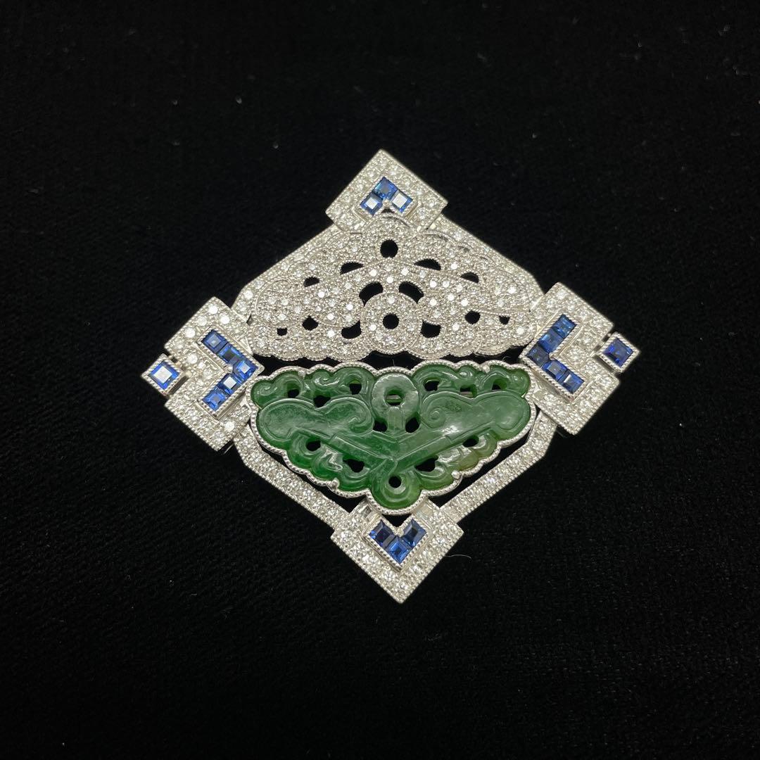 coco！Pt950素材QUEEN ヒスイとダイヤモンドのデザインブローチ