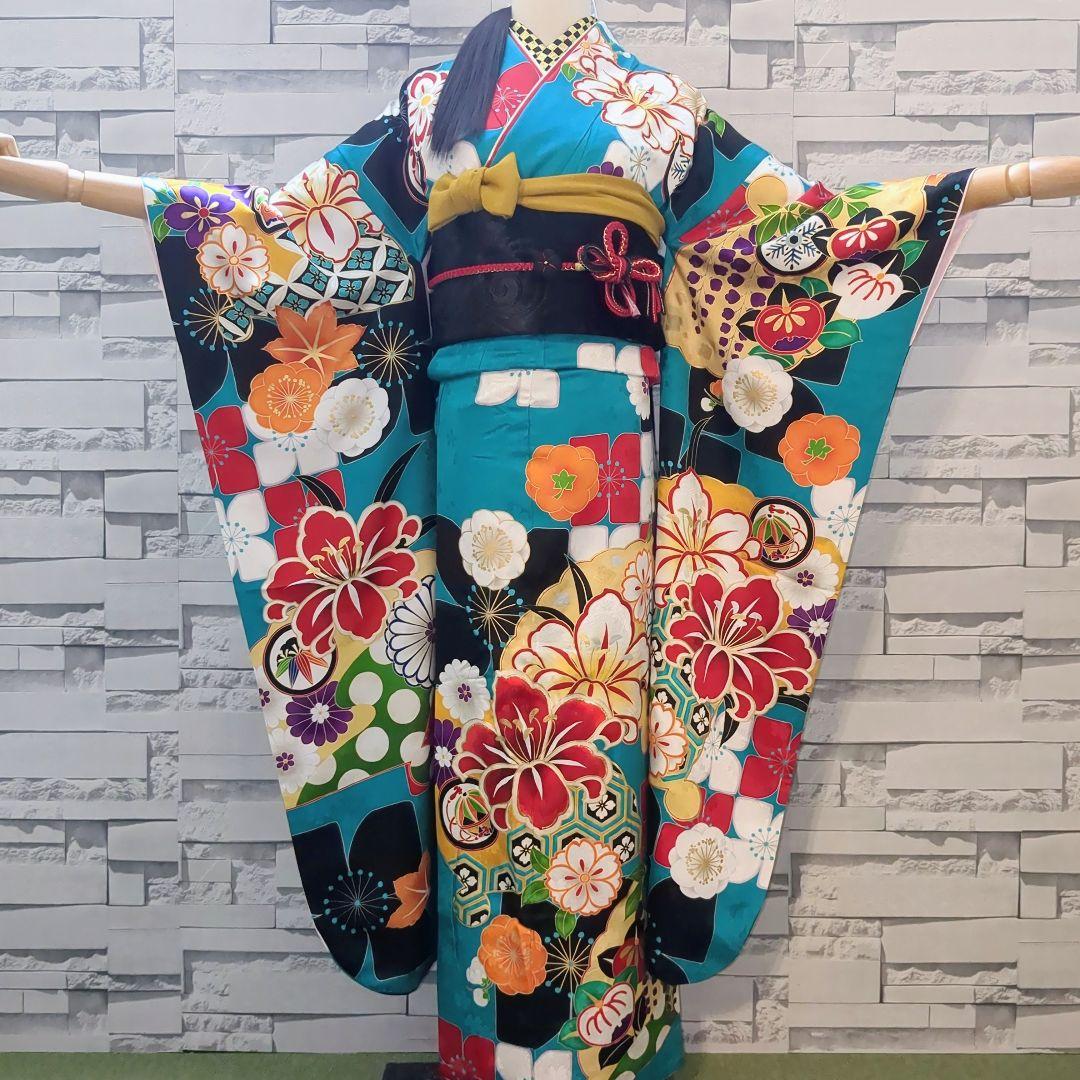 正絹振袖 駒刺繍 紫野 百合 金彩 振袖セット 振袖フルセット 青緑 81