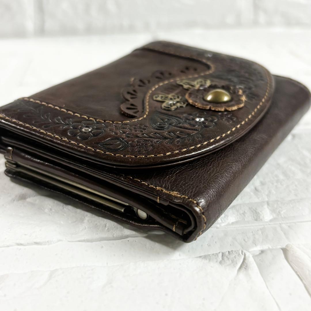 ニ*ラ様 ANNA SUI アナスイ 三つ折り財布 がま口 レザー ブラウン 蝶