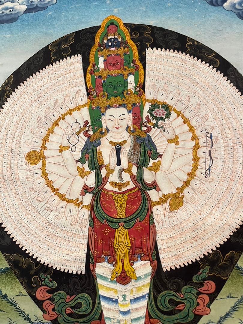 40年前のアンティーク 仏画 手書 タンカ 十一面千手千眼観世音菩薩 33x46