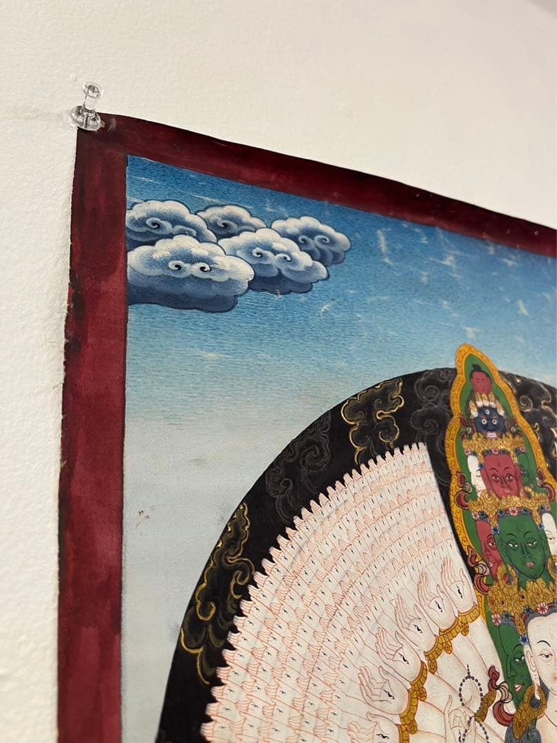 40年前のアンティーク 仏画 手書 タンカ 十一面千手千眼観世音菩薩 33x46