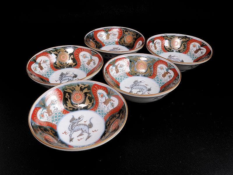 古伊万里　金襴手　波兎に花の図　膾皿　春寒鉢　５客　C961AS-BGd