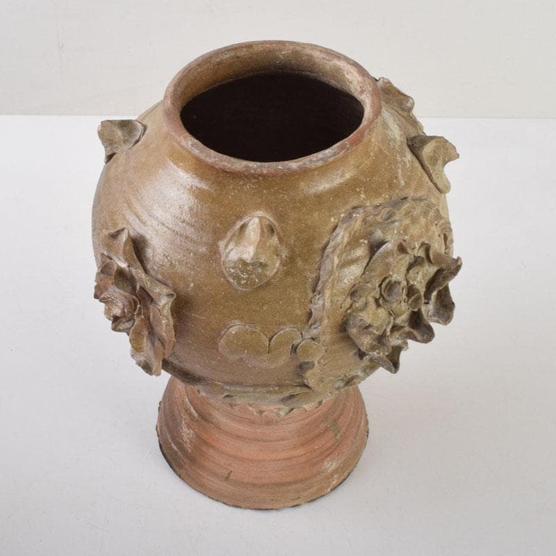 中国　飴釉　花草刻　双耳壷　時代箱　Z　8615A