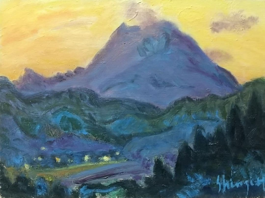 油彩画 「浅間夕景」油絵 絵画 F4 風景画 アート 額装 額縁 古径