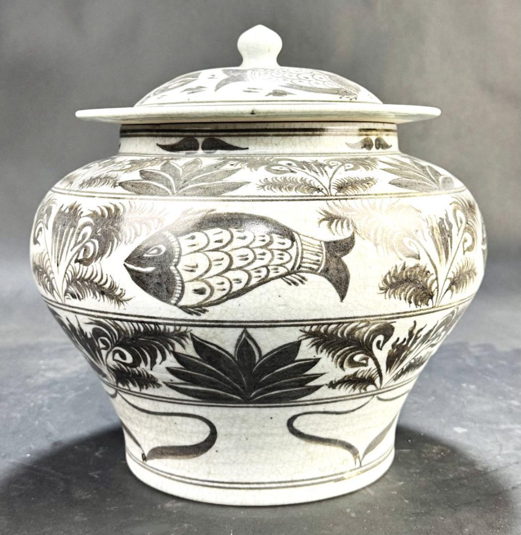 時代物 釉里紅魚藻紋盖罐 中国古玩 唐物 古陶瓷品 歴史有る年代物WWTT187