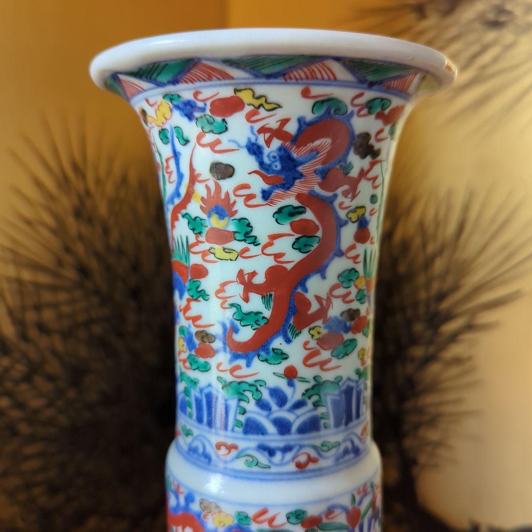 中国古美術　古玩　華道具　大明萬暦年製花器　花瓶　飾り壷　五彩色絵　雲龍鳳凰絵