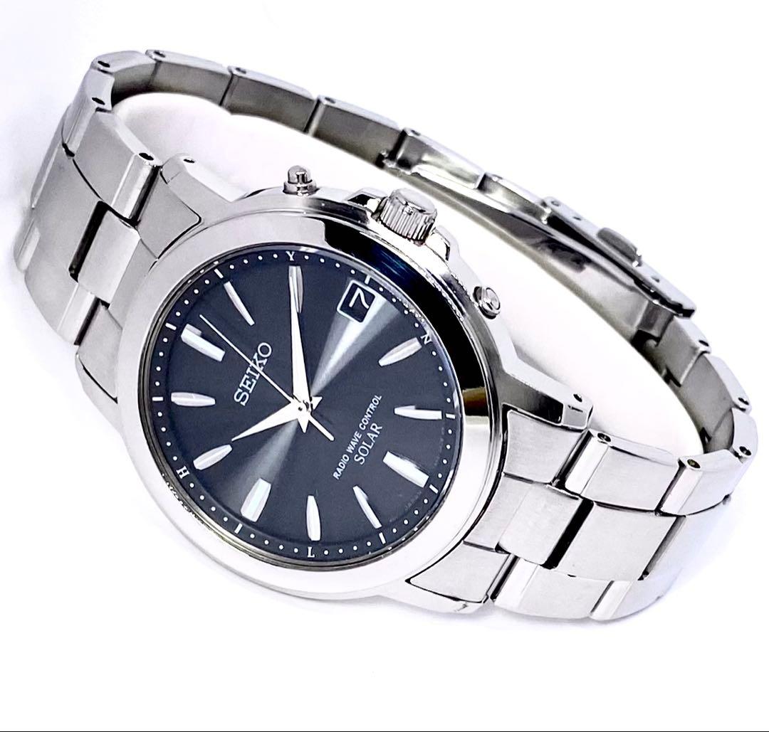 SEIKO☆セイコー☆電波ソーラー☆腕時計☆ブラック文字盤×シルバー針☆極上品