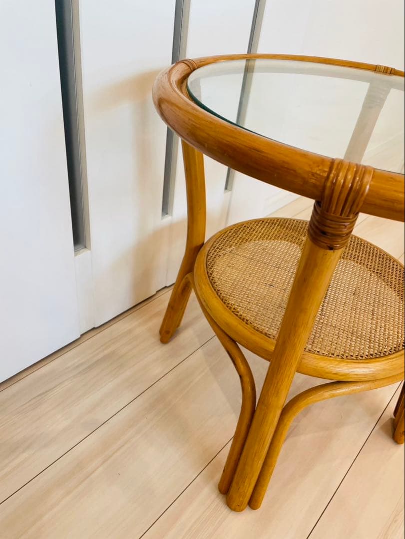 ヴィンテージ ラタンガラス ラウンドテーブルローテーブル籐 レトロ