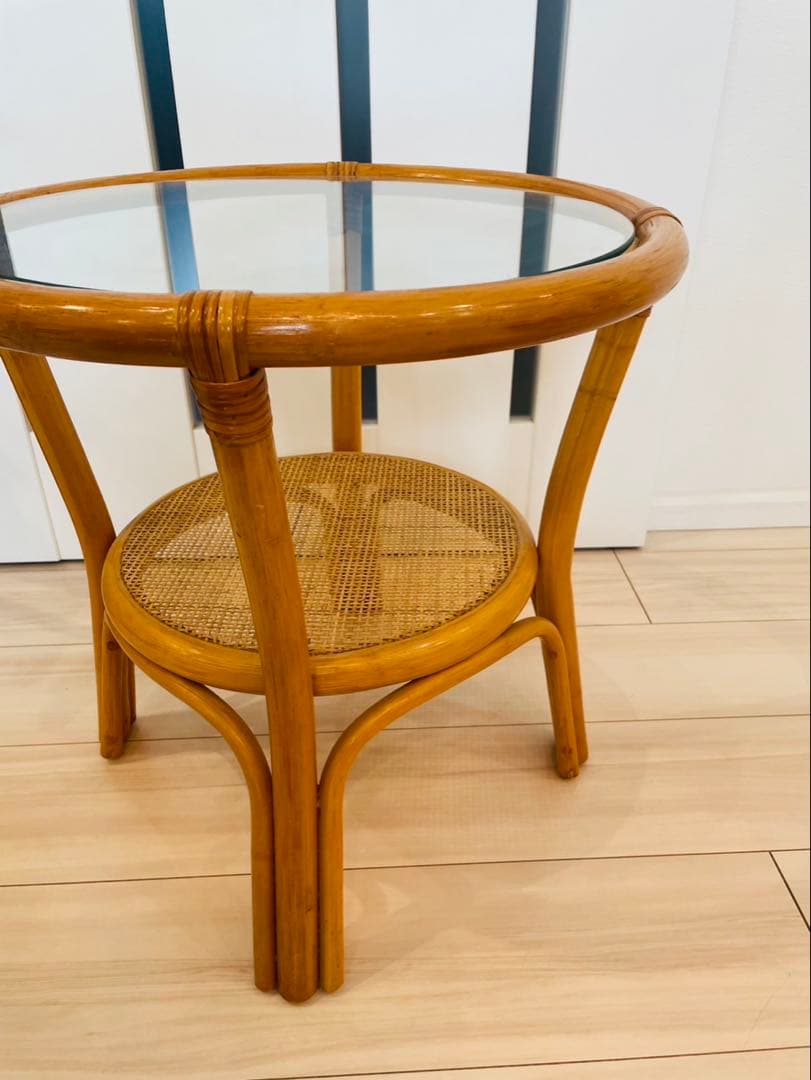 ヴィンテージ ラタンガラス ラウンドテーブルローテーブル籐 レトロ