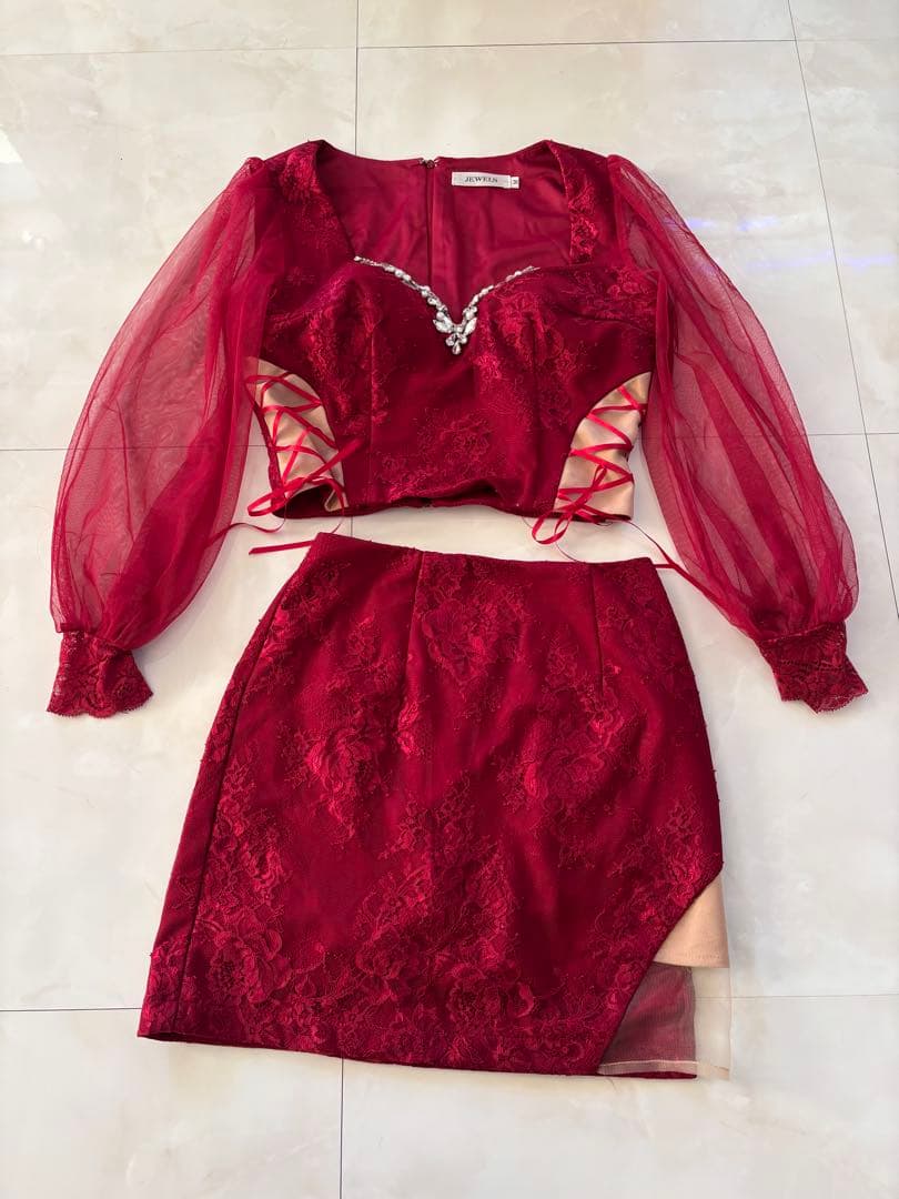 JEWELSセットアップミニドレスチュール袖キャバドレス Mサイズ ワインレッド