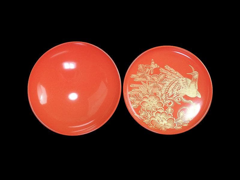 沈金　吸物椀　蝶に孔雀の図　朱色　木製品　５客　N1105AS-fbui