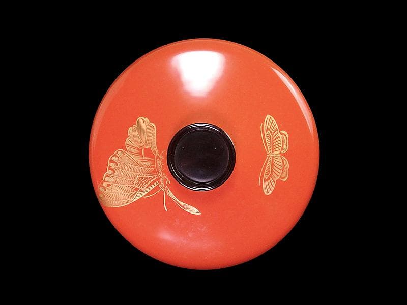 沈金　吸物椀　蝶に孔雀の図　朱色　木製品　５客　N1105AS-fbui