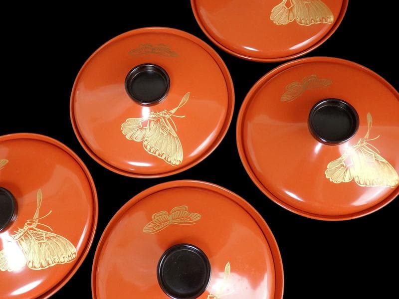 沈金　吸物椀　蝶に孔雀の図　朱色　木製品　５客　N1105AS-fbui