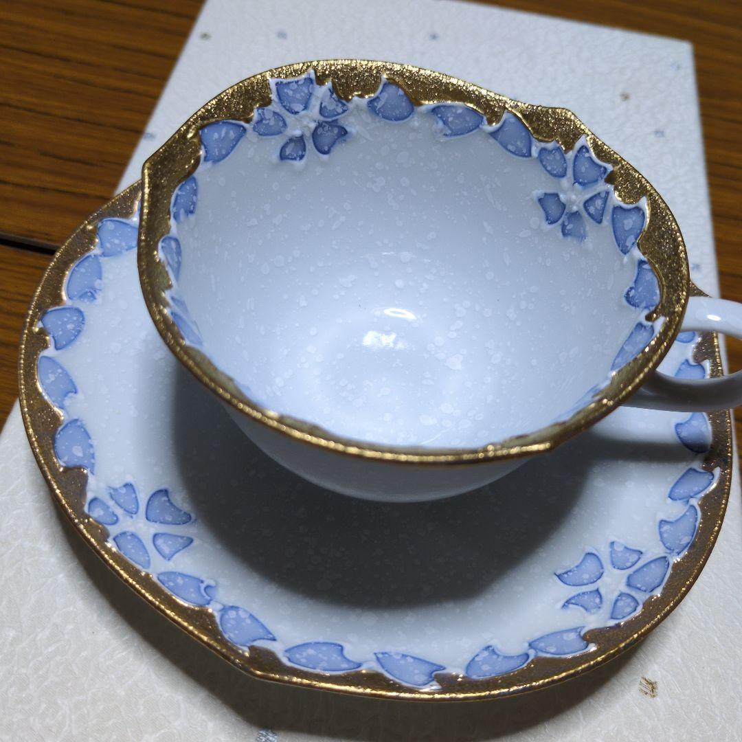 「有田焼 」「文山窯」「 輪花」「カップ＆ソーサー 」金「ピンクブルー」2客