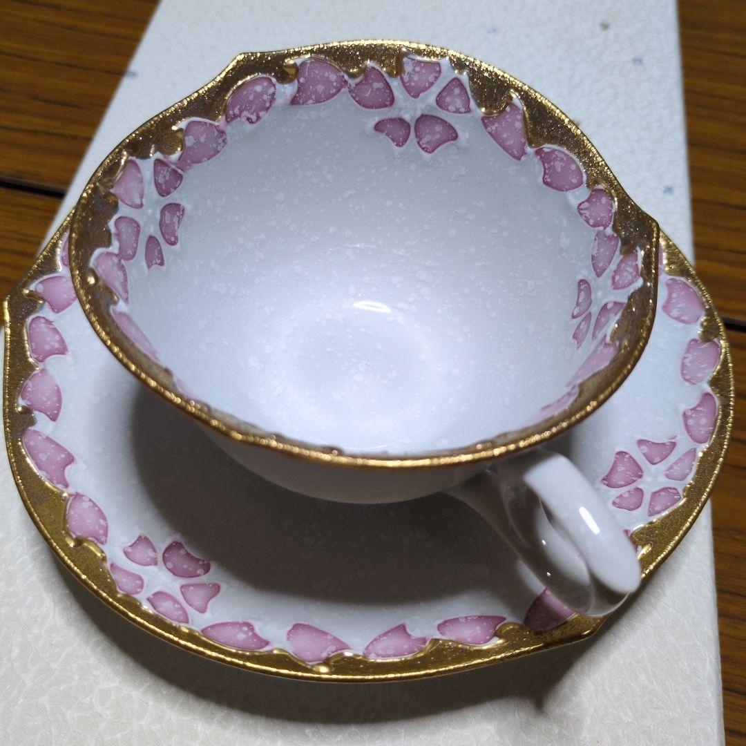 「有田焼 」「文山窯」「 輪花」「カップ＆ソーサー 」金「ピンクブルー」2客