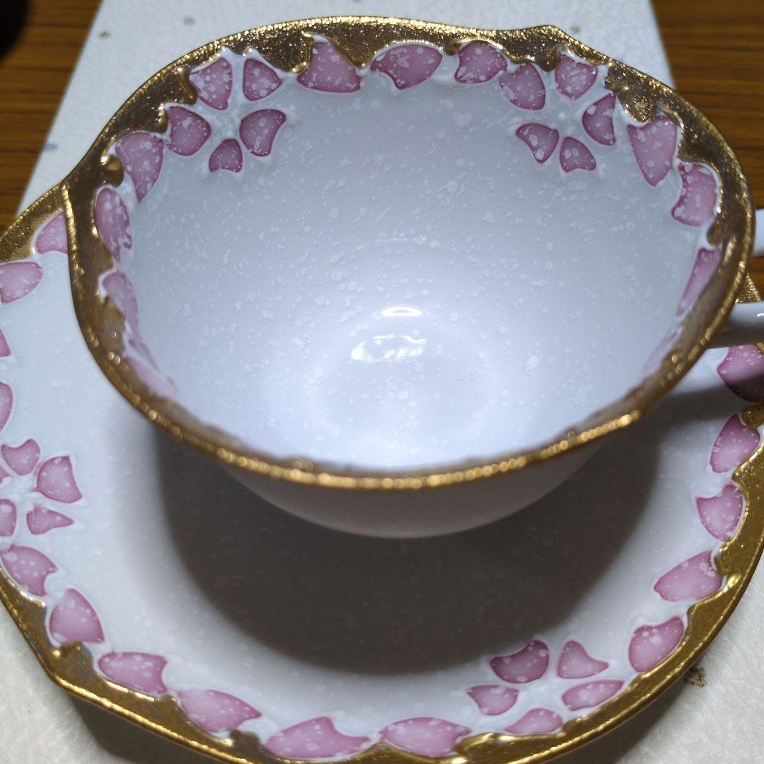 「有田焼 」「文山窯」「 輪花」「カップ＆ソーサー 」金「ピンクブルー」2客