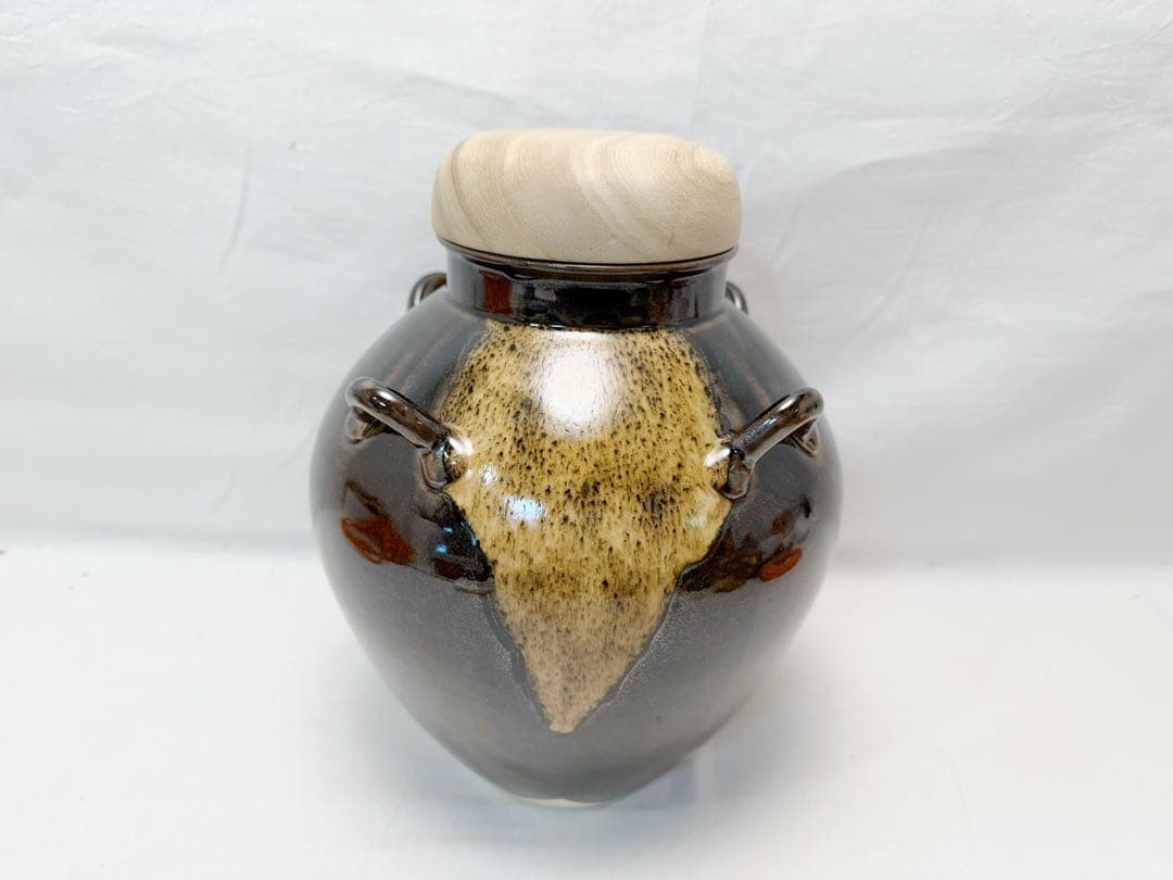 未使用 茶道具 平安 草山作 天目釉 飾壺 絹 陶印 飾網紐 口切茶事 共箱