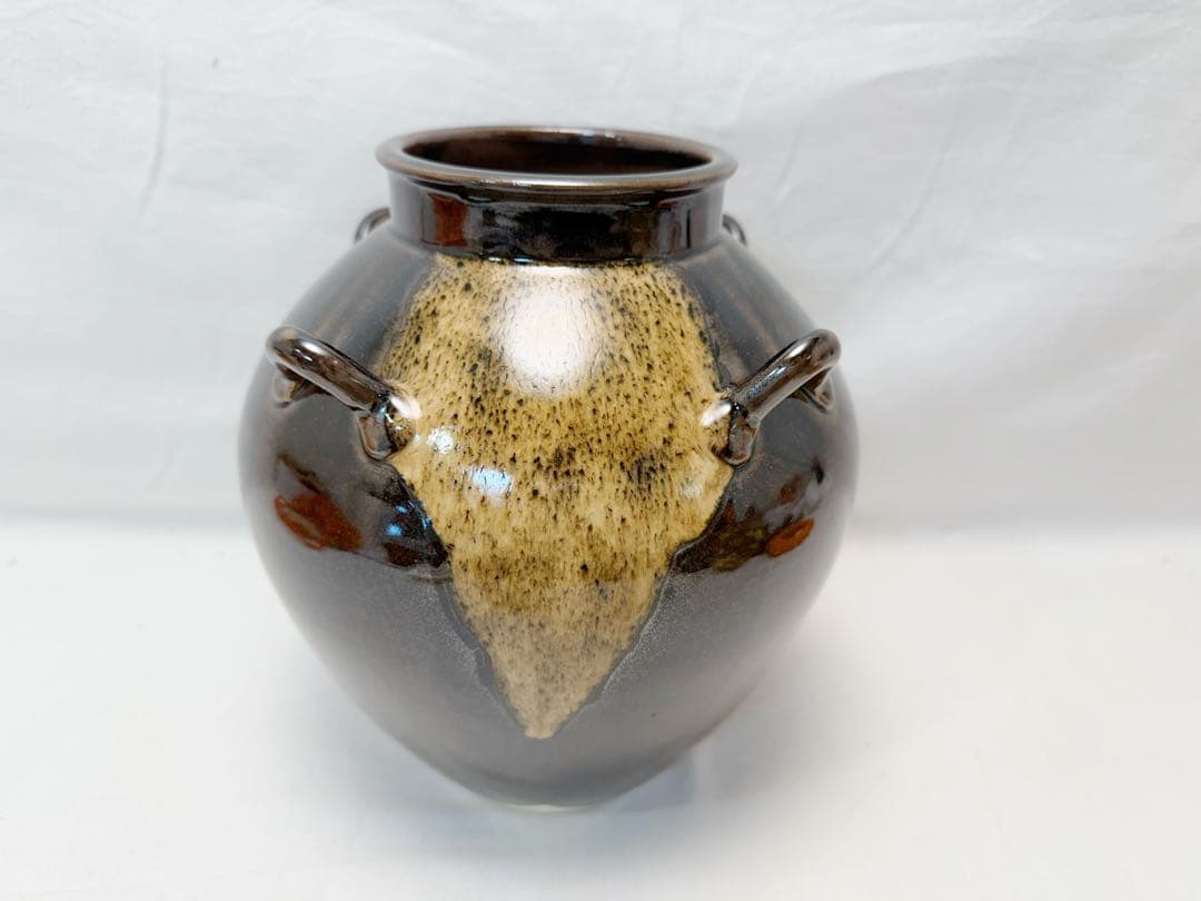 未使用 茶道具 平安 草山作 天目釉 飾壺 絹 陶印 飾網紐 口切茶事 共箱