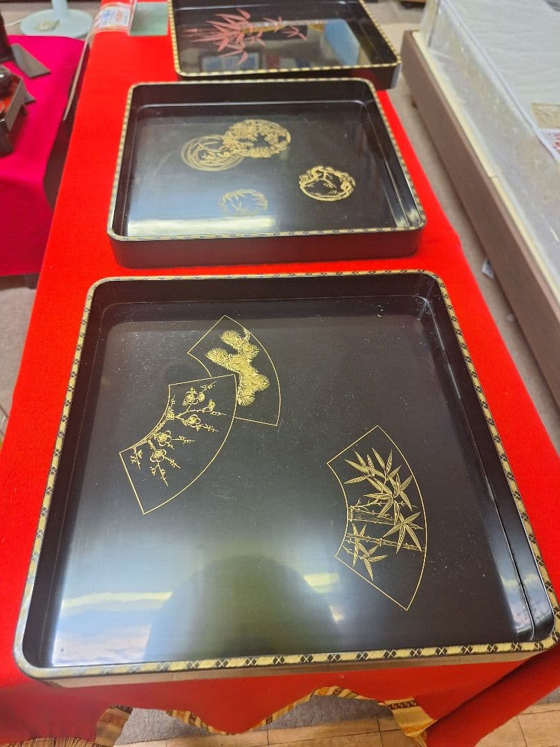 新品！輪島塗祝盆　朱竹　沈金アジロ付き