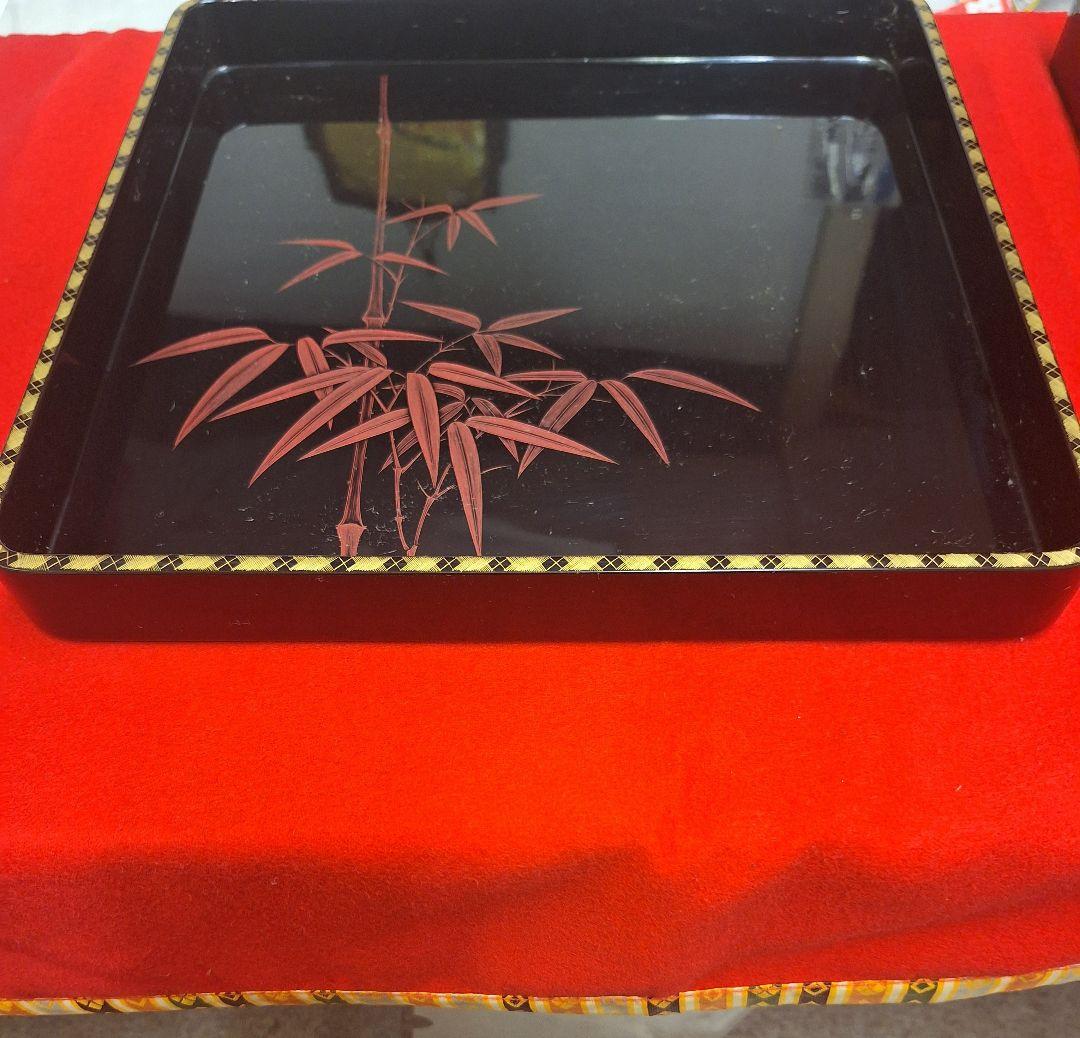 新品！輪島塗祝盆　朱竹　沈金アジロ付き