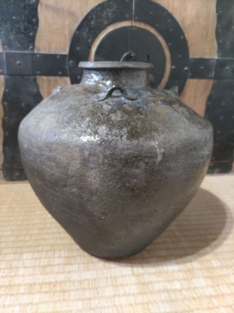 古唐津　叩き唐津　四耳壷　高26㎝　極薄作り1691ｇ