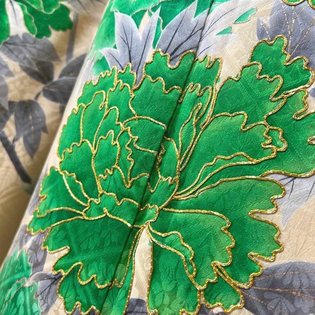 398 振袖フルセット 正絹 クリーム グリーン 緑 黄 金彩 手描き 駒刺繍