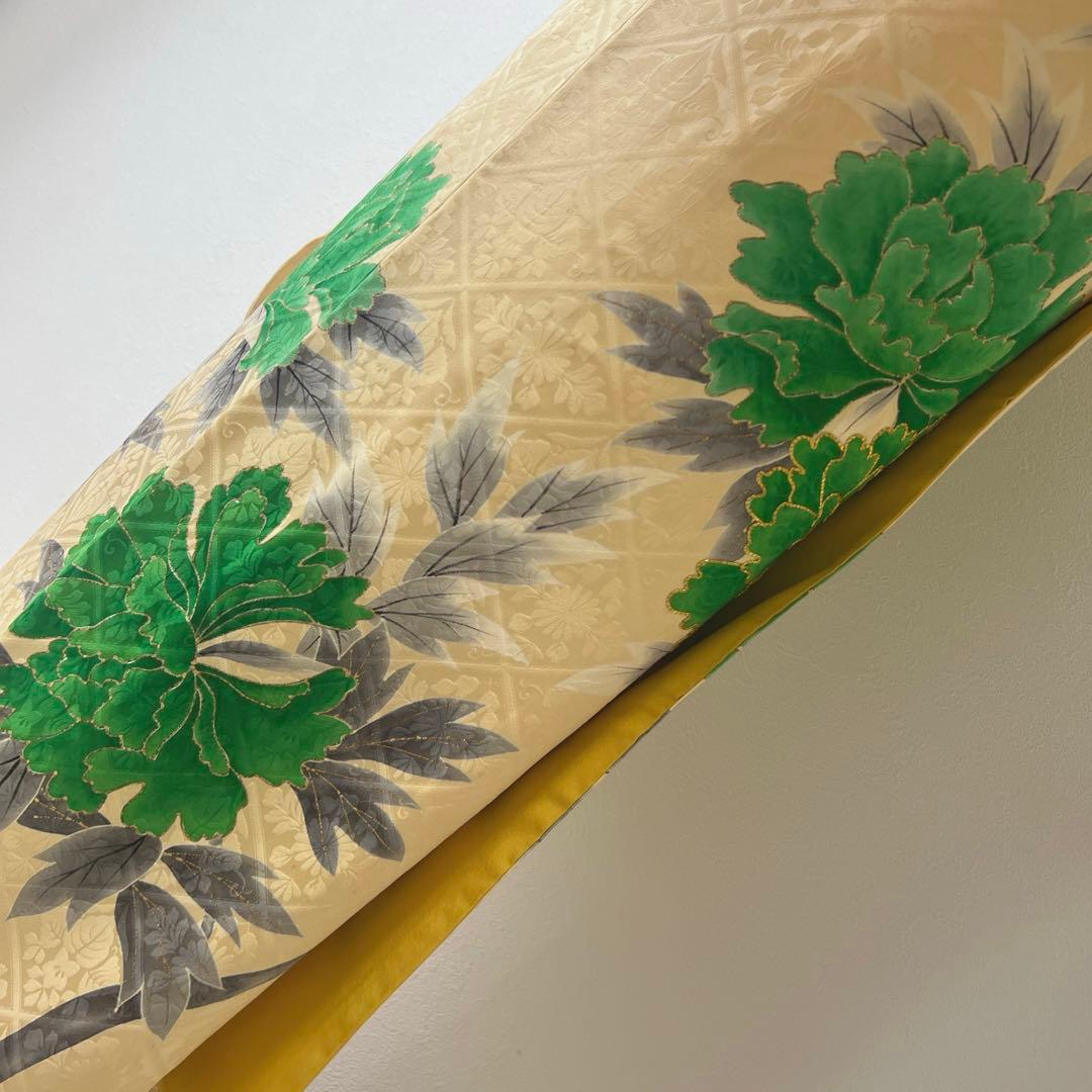 398 振袖フルセット 正絹 クリーム グリーン 緑 黄 金彩 手描き 駒刺繍