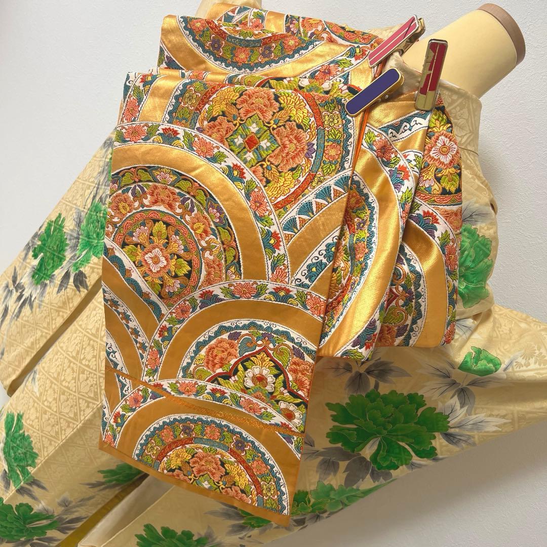 398 振袖フルセット 正絹 クリーム グリーン 緑 黄 金彩 手描き 駒刺繍