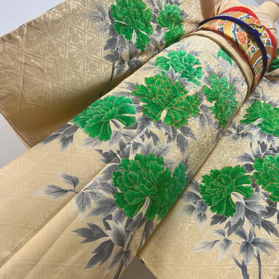 398 振袖フルセット 正絹 クリーム グリーン 緑 黄 金彩 手描き 駒刺繍