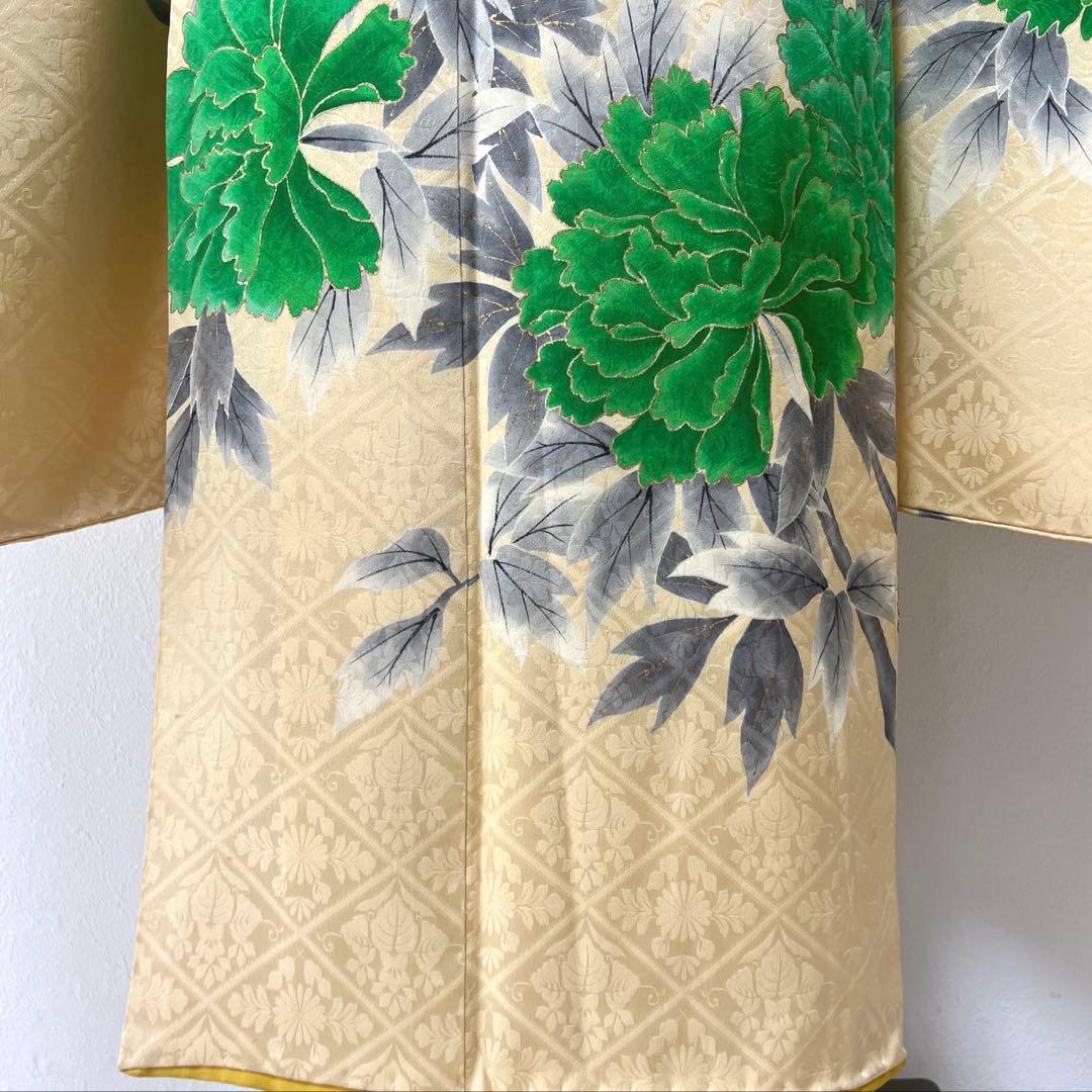 398 振袖フルセット 正絹 クリーム グリーン 緑 黄 金彩 手描き 駒刺繍