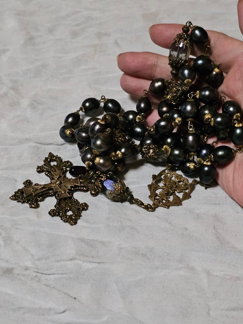 黒淡水パールとブロンズのロザリオ 難あり