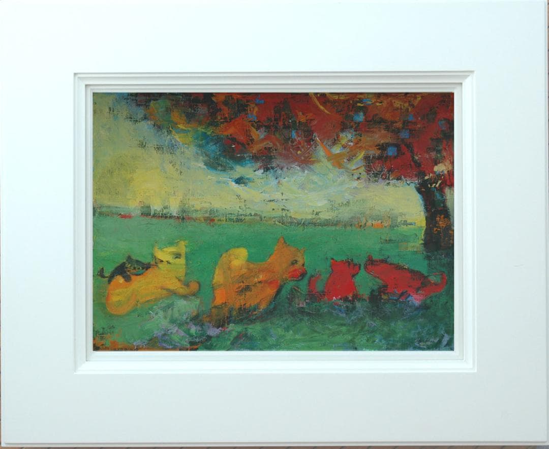 油絵 菅家令子 絵 絵画インテリア額付(青緑＋金色の枠)uF6-071219猫犬