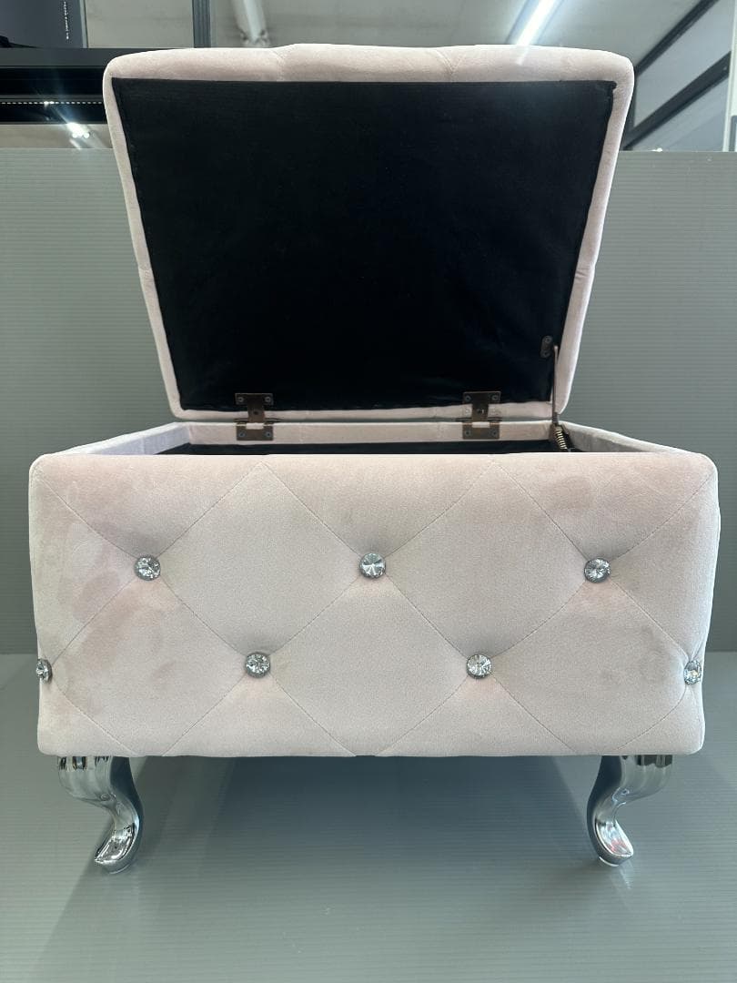 ベルベット＆クリスタルボタン付き オットマン スツール 収納付き ピンク