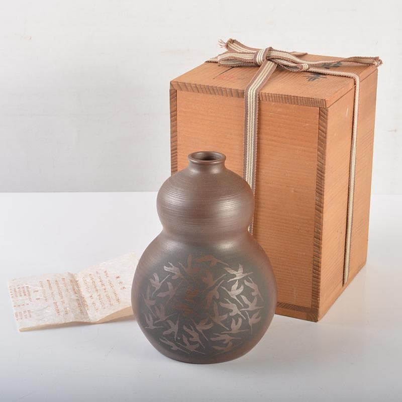 萬古焼　醉月陶苑　清水洋作　鶴文　瓢箪壷　共箱　V　R6578