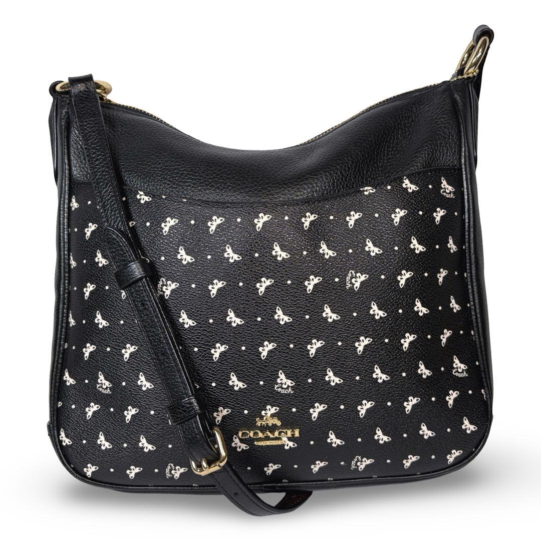 美品 COACH コーチ ショルダーバッグ 花柄 レザー 本革 黒