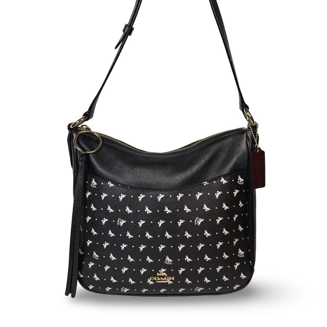 美品 COACH コーチ ショルダーバッグ 花柄 レザー 本革 黒