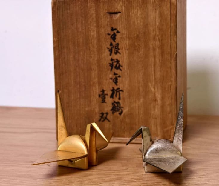 日本製 銀メッキ折り鶴置物（ペア）