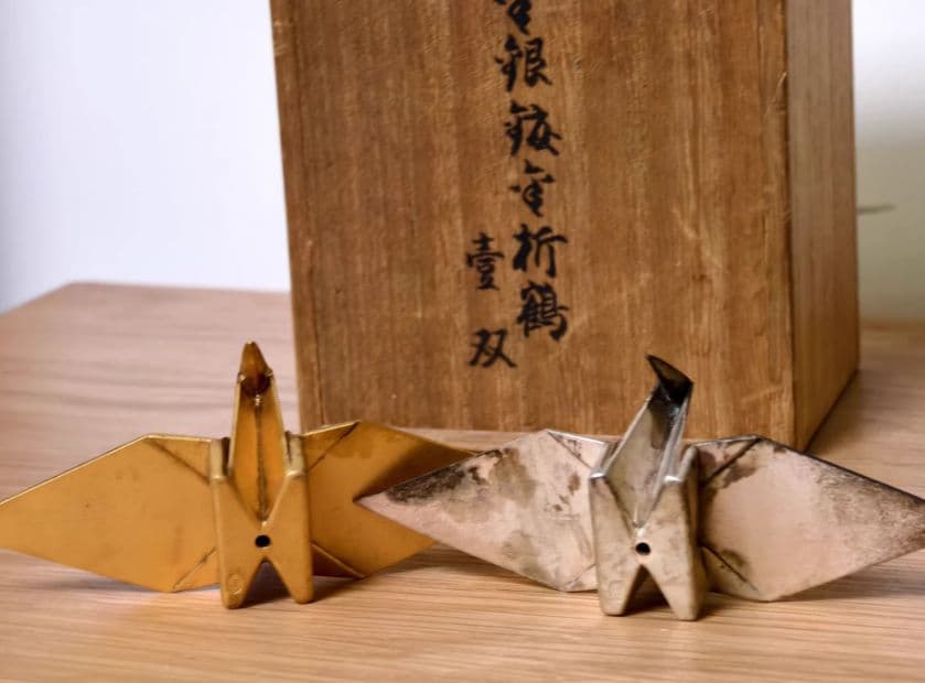日本製 銀メッキ折り鶴置物（ペア）